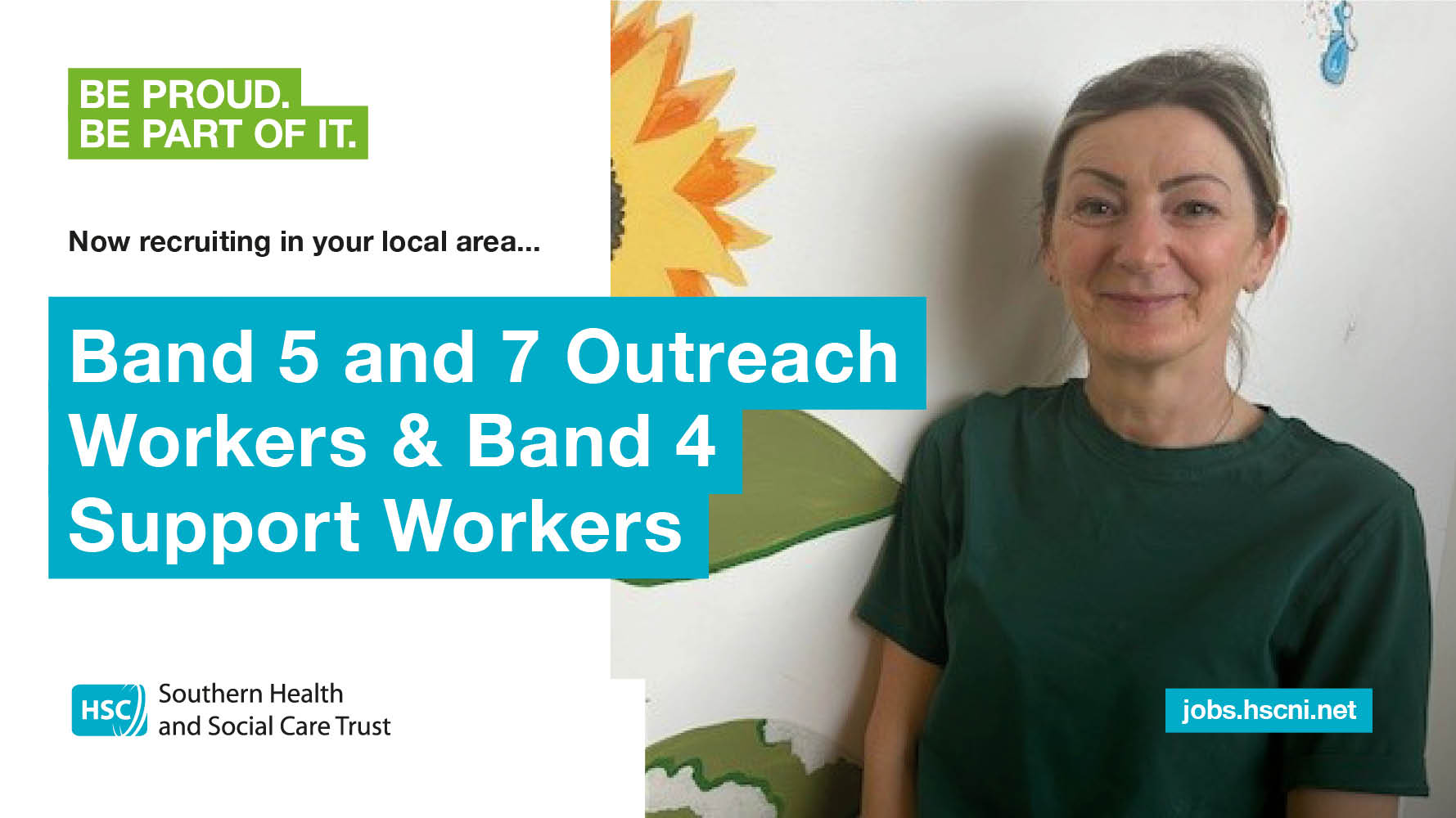 An image of a person with text beside them that says Now recruiting for Band 5 and Band 7 Outreach Workers & Band 4 Support Workers 